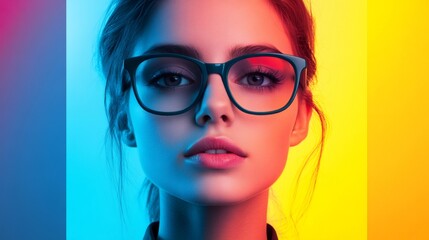 Fototapeta premium Businesswoman wearing eyeglasses posing with colorful studio lights