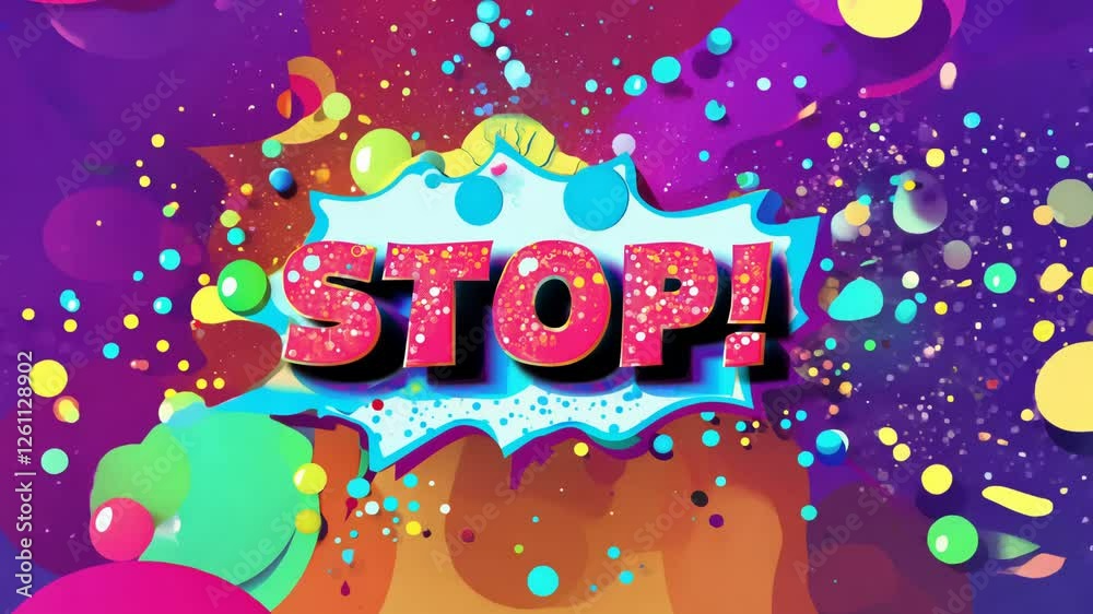 Poster A colorful explosion with the word stop written in the middle. The explosion is made up of many different colored circles