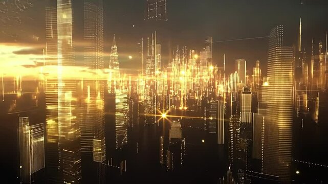 A digital skyline morphs into a fluid tapestry of shifting geometries symbolizing the constant evolution of virtual economies as users build trade and innovate in the space.