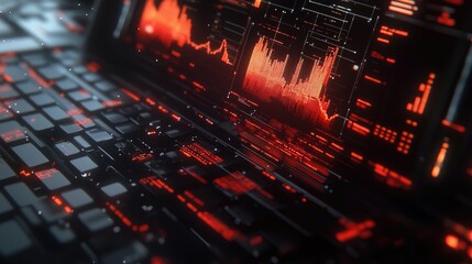 Obraz premium Economic data analysis with digital stock charts and financial indicators floating above a laptop keyboard.