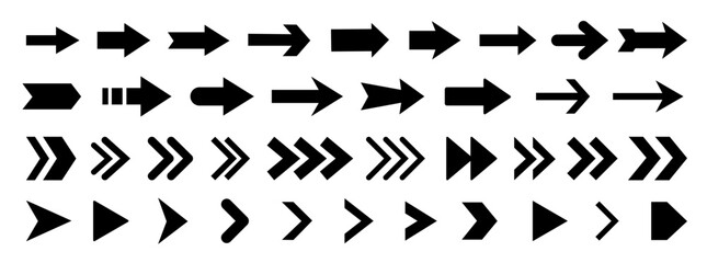 Black arrows flat icons. Set for web design. Direction pointers vector icons. Big collection. Vector set of black arrow signs.