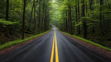 Obraz premium Scenic road through lush forest, misty morning. Travel blog, website banner