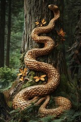 Obraz premium Golden snake coils around ancient tree, autumn leaves.