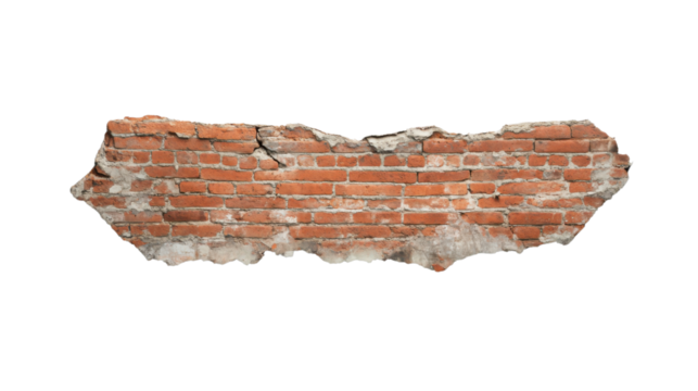 Broken red brick wall with transparent background representing destruction