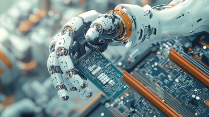 Industrial robotic arm delicately assembling electronic components onto a motherboard.