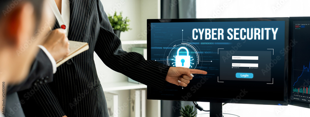 Poster cyber security system on computer screen protect private information brisk from hacker and cyber att