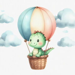 Watercolor illustration of cute little dinosaurin a hot air balloon with cloud.  Cute dinosaurin character. Nursery concept. Children's room.
