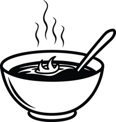 black silhouette of a bowl of hot soup with a spoon. Oatmeal bowl with butter and spoon (5).eps