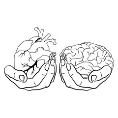 Two human hands holding heart and brain. Juxtaposition of reason and emotions. Creative philosophical concept. Black and white linear silhouette.