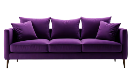 A luxurious, modern sofa is featured in a bold purple color includes plush cushions and a sleek, minimalist frame suitable for lifestyle or home decor concept