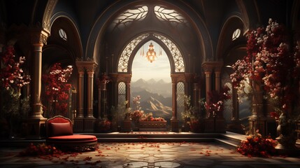 Obraz premium Elegant red floral throne room with mountain view palace interior design art 