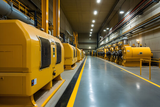 Industrial Power Generation: Rows of large, yellow generators line a hallway in a power plant, showcasing heavy machinery and robust infrastructure.