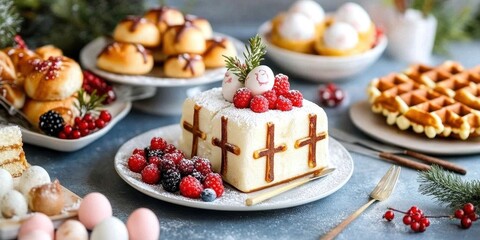 Easter festive dessert table display home kitchen food photography festive environment close-up view celebration concept