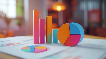 Colorful 3D bar and pie charts on a paper with graphs in a modern office setting, A colorful bar graph and pie chart