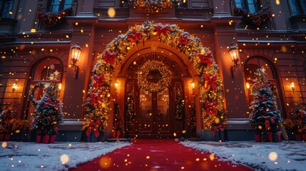 Obraz premium Festive entrance to a grand building decorated for Christmas, with a red carpet, snow falling, and Christmas trees.