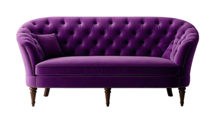 A luxurious, modern sofa is featured in a bold purple color includes plush cushions and a sleek, minimalist frame suitable for lifestyle or home decor concept