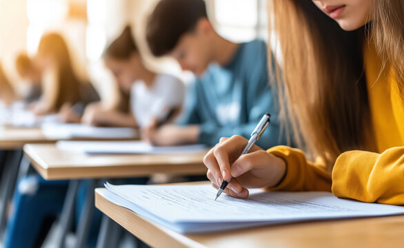 A group of high school students concentrating on an exam in a classroom, focused and engaged in their work.