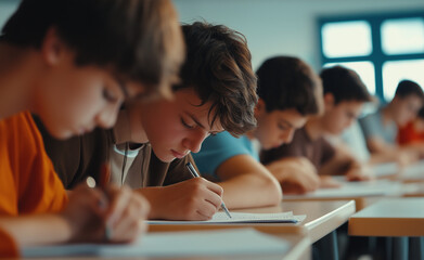 A group of high school students concentrating on an exam in a classroom, focused and engaged in their work.
