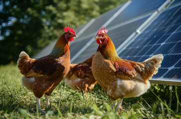 Fototapeta premium Two chickens explore grassy land beside solar panels, enjoying the sunny outdoor setting with green foliage in the background