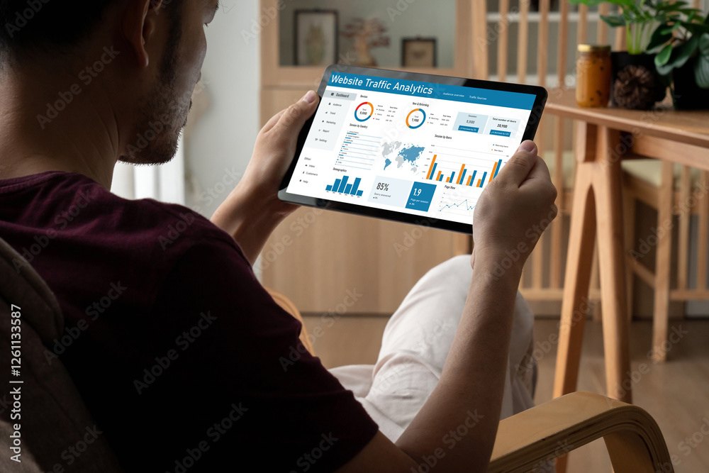 Poster computer software for website traffic analytics data on computer screen. concept of seo search engin