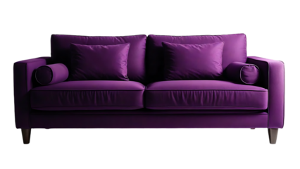 A luxurious, modern sofa is featured in a bold purple color includes plush cushions and a sleek, minimalist frame suitable for lifestyle or home decor concept