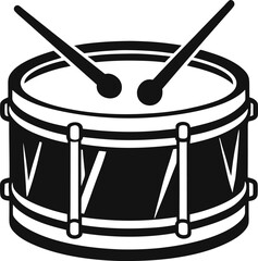 Line art A simple black and white vector illustration of a snare drum with drumsticks. Snare Drum Outline Icon Illustration on White Background.