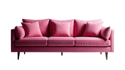 A light pink sofa with cushions sits against a transparent background, suitable for lifestyle or home decor