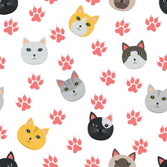 Cat Heads Pattern - Different Cats Heads and Footprints on White Background. Seamless Link.