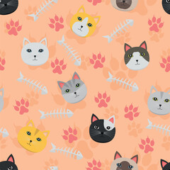 Cats Pattern - Cat Heads, Fish Skeletons and Paws on Pink Background. Seamless Link.