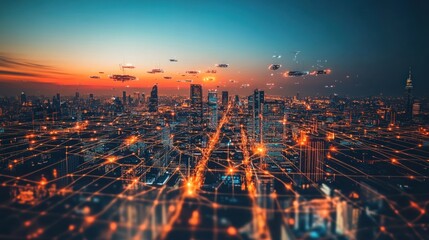 Fototapeta premium Futuristic Cityscape Illuminated With Flying Vehicles Above