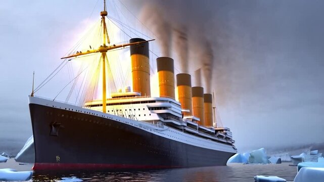 old ship steamship with smokestacks glows among icebergs