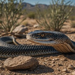 Fototapeta premium Rattlesnake, Crotalus atrox. Western Diamondback. Dangerous snake A close-up of a coiled snake resting on the ground among greenery. Cobra in natural habitat 