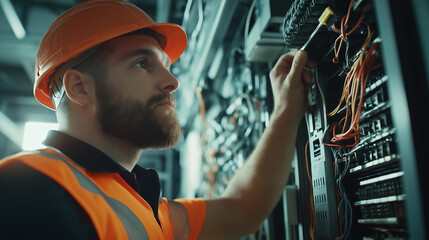 An industrial mechanic in a safety vest and helmet repairing complex machinery in a factory.