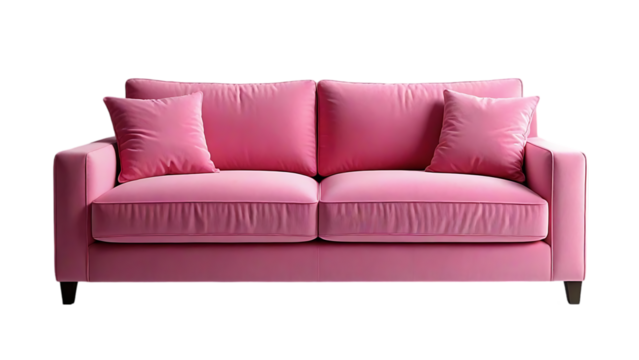 A light pink sofa with cushions sits against a transparent background, suitable for lifestyle or home decor