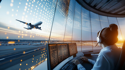An air traffic controller in a modern tower monitoring a departing airplane at sunset.
