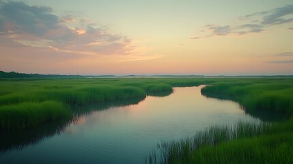 Obraz premium Serene sunrise over coastal marsh. Peaceful waterway, lush grasses, calm waters. Nature background for travel, relaxation