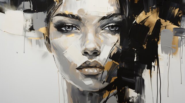 Elegant abstract woman portrait in black gold grey tones art oil face eyes hair style image modern