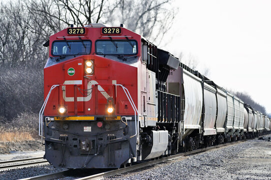 A Canadian National Railway locomotive leads a grain train along a stretch of double track in northwest suburban Chicago. 