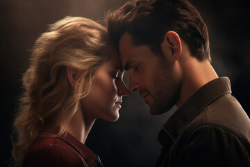 Passionate couple in deep emotional connection with intimate eye contact in a moody romantic atmosphere at night