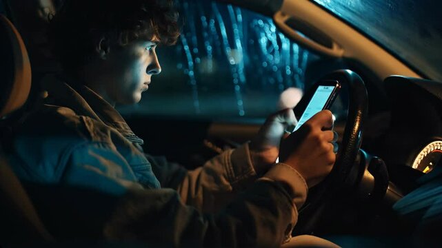 Young man driving a car while using a smartphone in a dangerous and reckless manner, posing a serious risk to himself and others on the road.