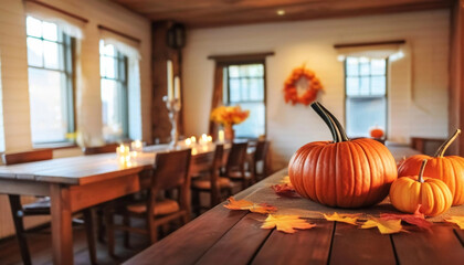 Empty farmhouse dining table, decorated with a runner of autumn leaves, a few scattered pumpkins, and a soft glow from candles, waiting for the meal to begin.