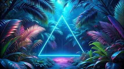 Futuristic neon triangle glowing in cyan blue, set against a dark tropical jungle background with exotic leaves and moody cyberpunk-inspired lighting