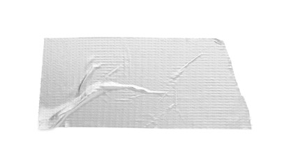 Strip of silver adhesive tape on white background, top view