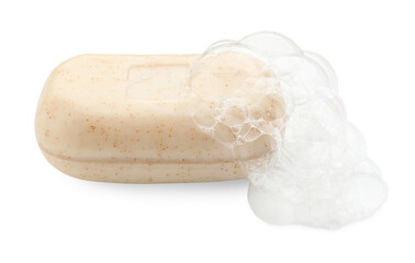Bar soap with foam on white background