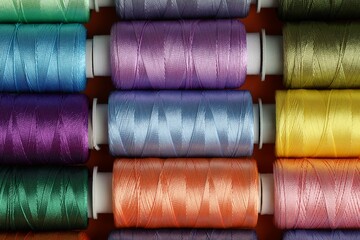 Different spools of sewing threads on table, top view