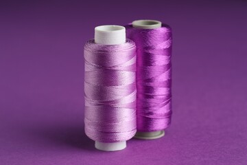 Spools of sewing threads on violet background, closeup