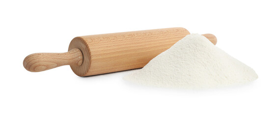 Wooden rolling pin and pile of flour isolated on white