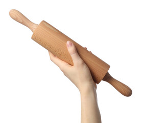 Woman with rolling pin on white background, closeup