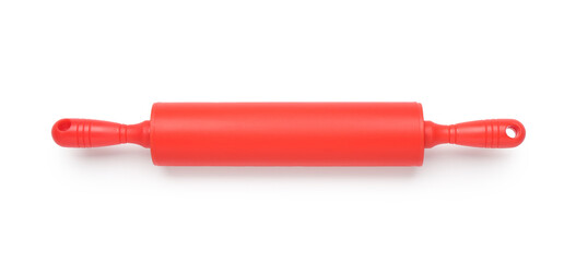 Red rolling pin isolated on white, top view