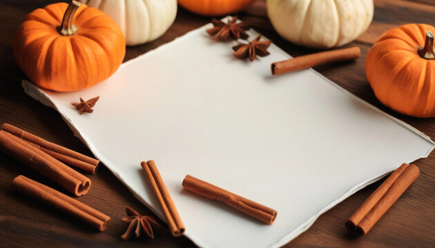 Extreme close up of a blank canvas on a rustic desk, with tiny pumpkins and cinnamon sticks scattered around, ready for design or writing. - Powered by Adobe